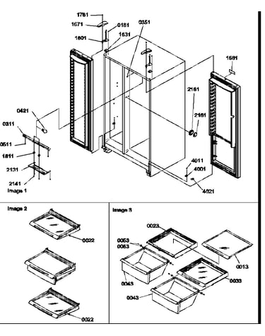 Refrigerator/freezer lights, hinges, and shelving assy