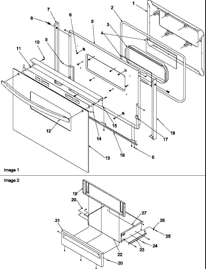 Oven door and storage drawer