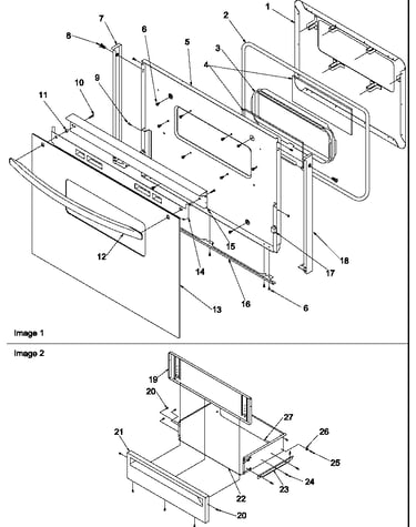 Oven door and storage drawer