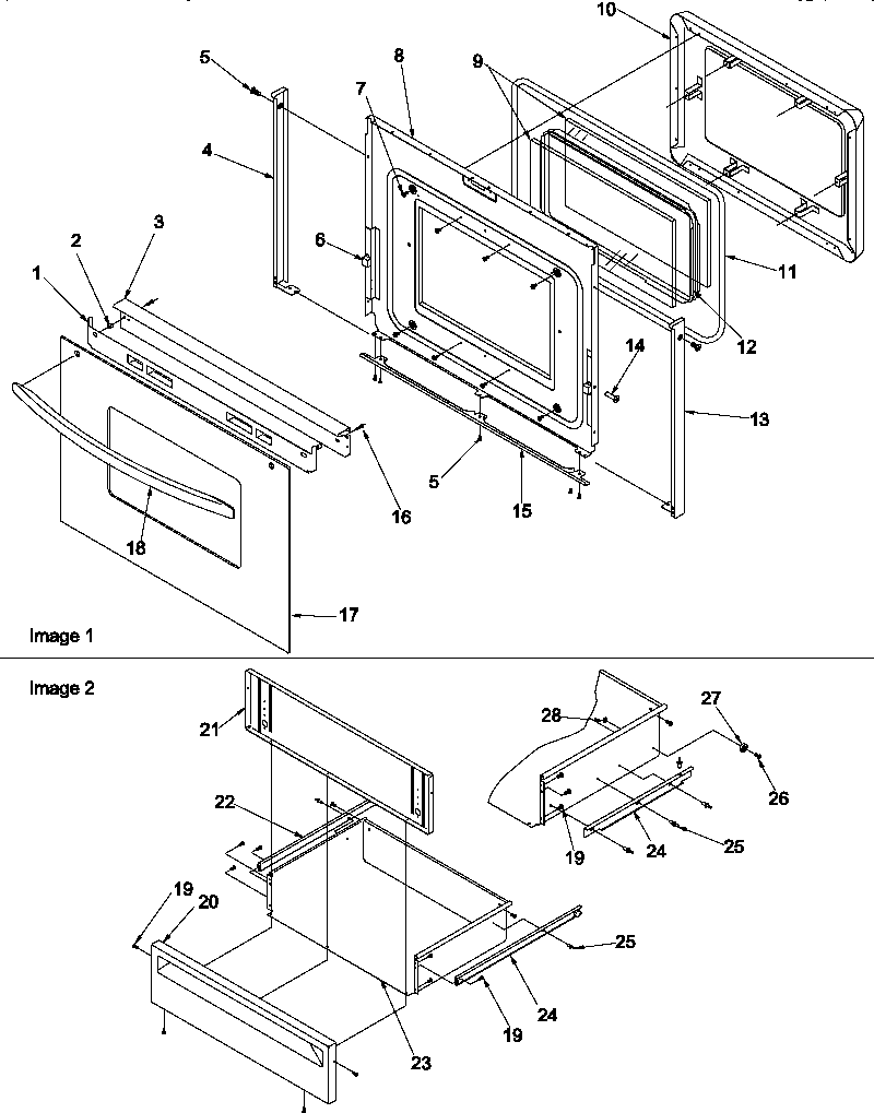 OVEN DOOR AND STORAGE DRAWER