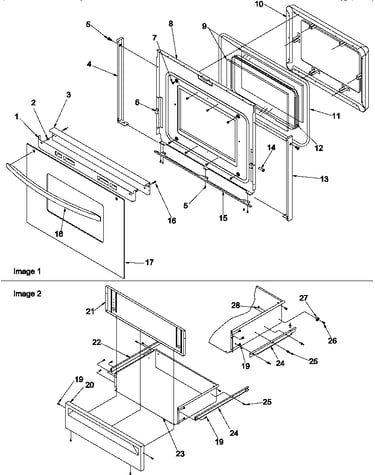 Oven door and storage drawer
