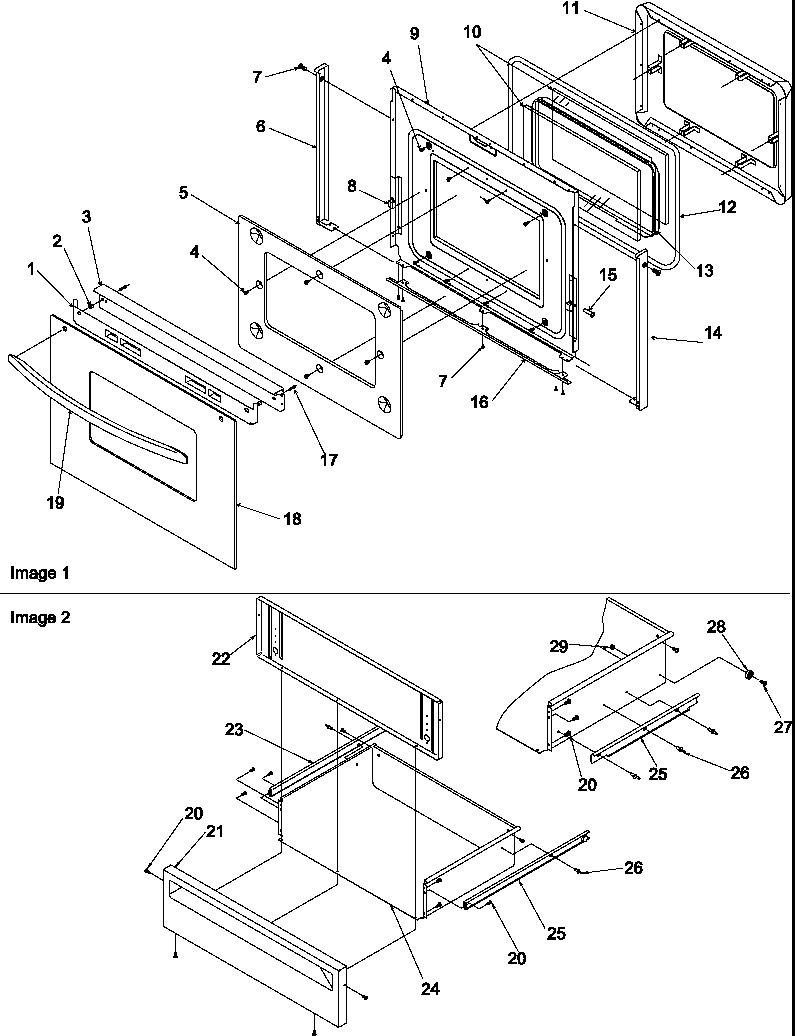 OVEN DOOR AND STORAGE DRAWER