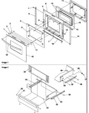Oven door and storage drawer