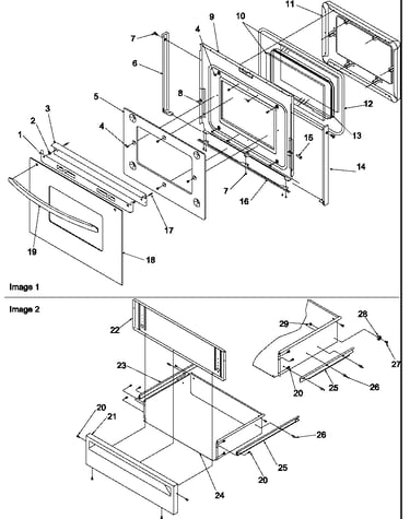 Oven door and storage drawer