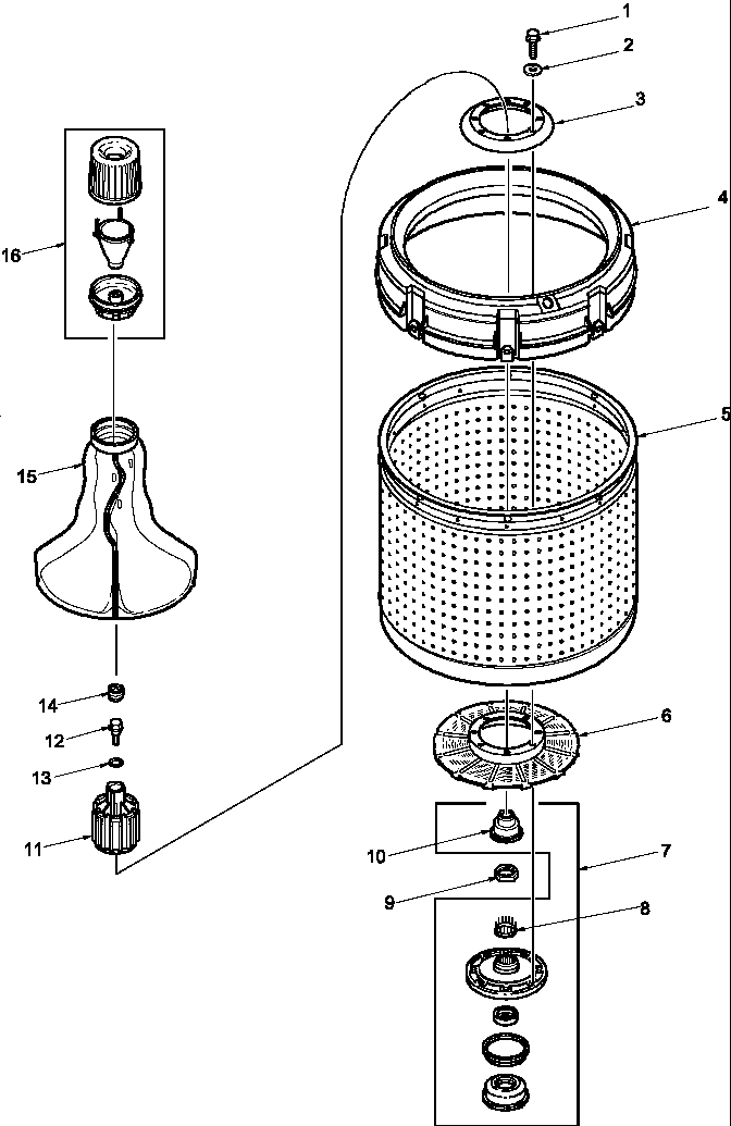 Agitator, drive bell, washtub and hub