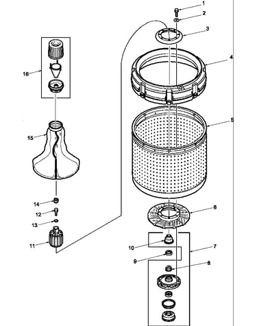 Agitator, drive bell, washtub and hub