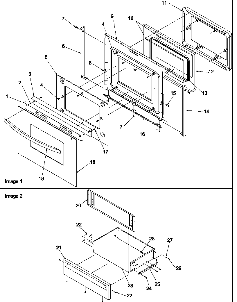 OVEN DOOR AND STORAGE DRAWER