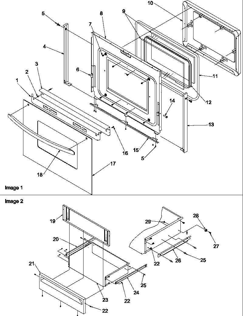 Oven door and storage drawer
