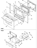 Oven door and storage drawer