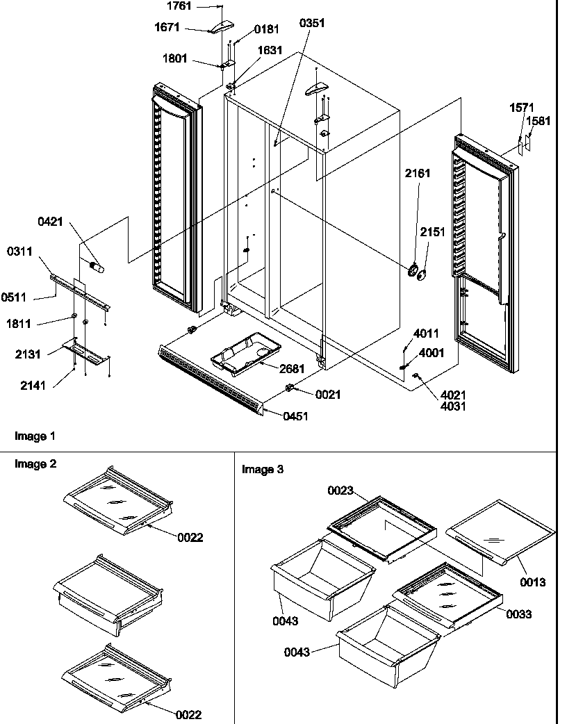 Refrigerator/freezer lights, hinges, and shelving assy