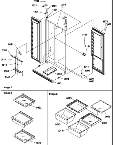 Refrigerator/freezer lights, hinges, and shelving assy