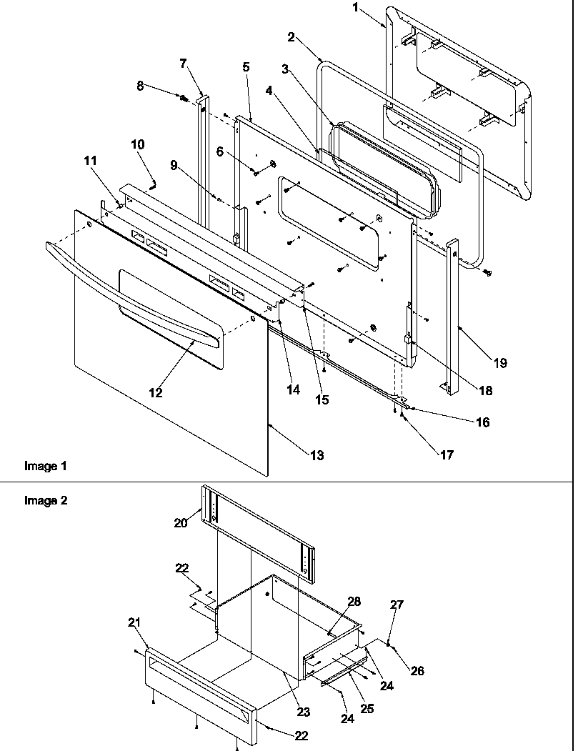 OVEN DOOR AND STORAGE DRAWER