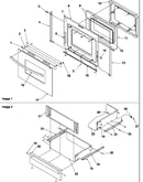 Oven door and storage drawer