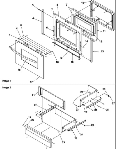 Oven door and storage drawer