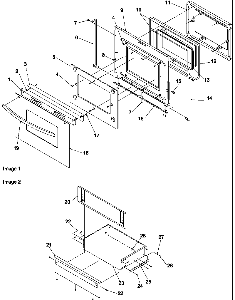 Oven door and storage drawer
