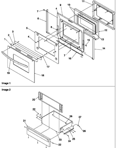 Oven door and storage drawer