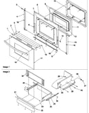 Oven door and storage drawer