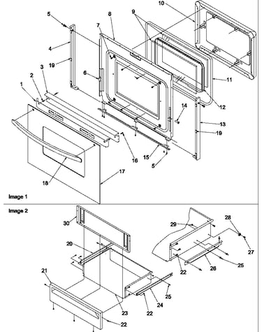 Oven door and storage drawer