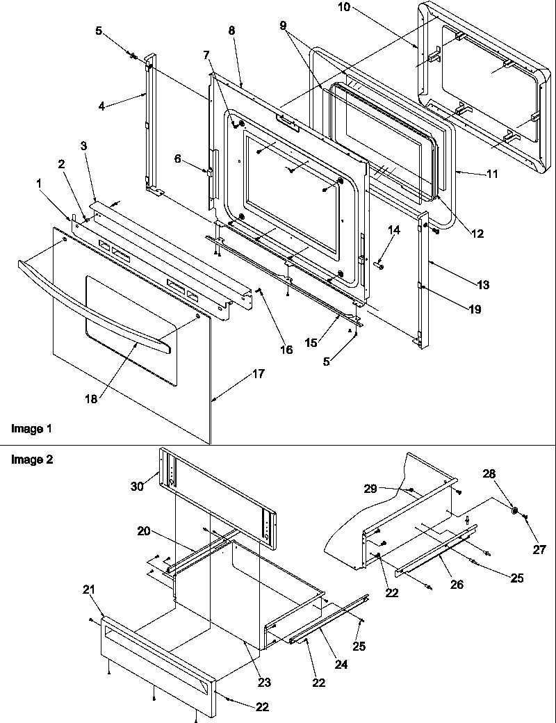 Oven door and storage drawer
