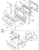 Oven door and storage drawer