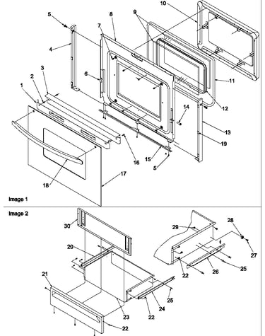 Oven door and storage drawer
