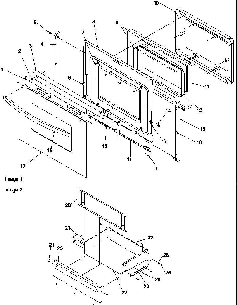 OVEN DOOR AND STORAGE DRAWER