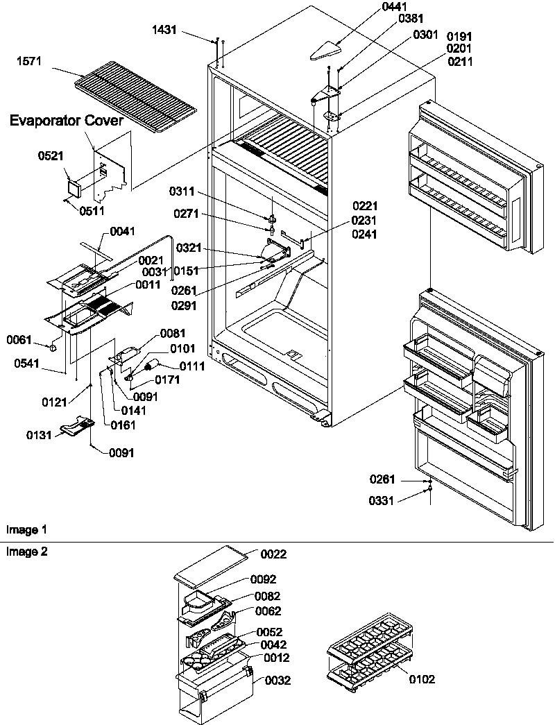 Door hinges, freezer shelf and accessories
