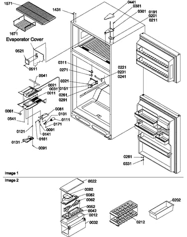 Door hinges, freezer shelf and accessories