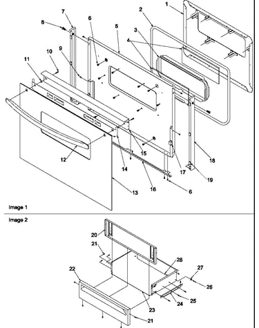 Oven door and storage drawer
