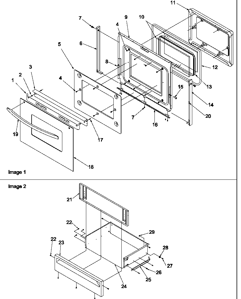 Oven door and storage drawer