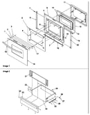 Oven door and storage drawer