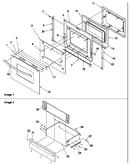 Oven door and storage drawer