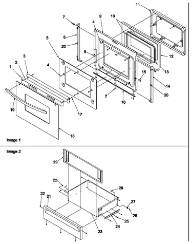 Oven door and storage drawer