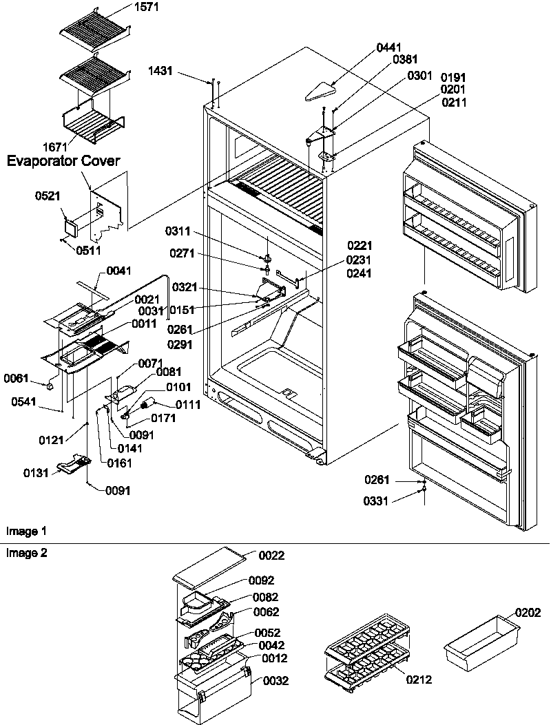 Door hinges, freezer shelf and accessories