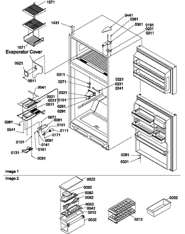 Door hinges, freezer shelf and accessories