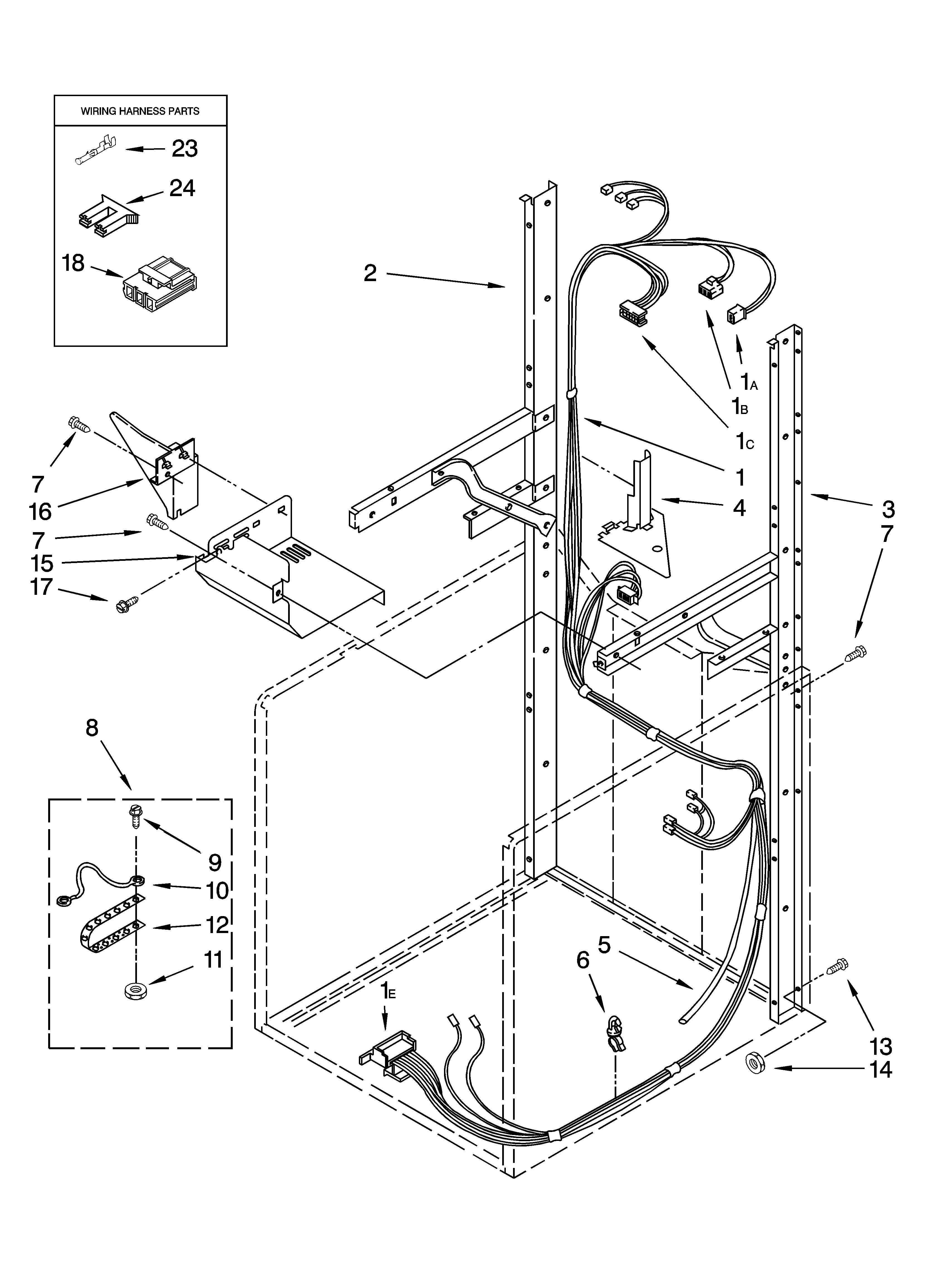 Dryer support and washer harness parts