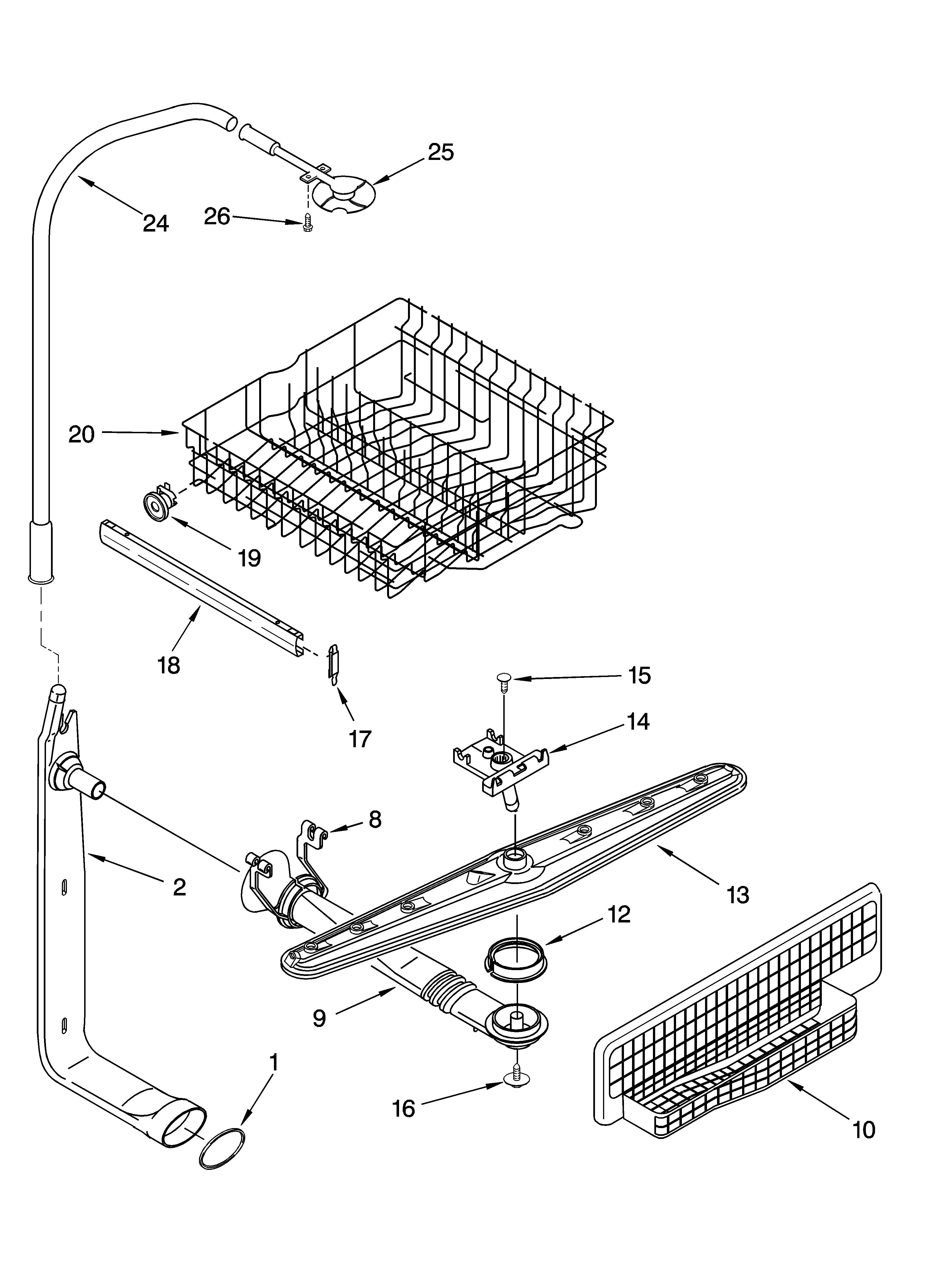 Upper dishrack and water feed parts