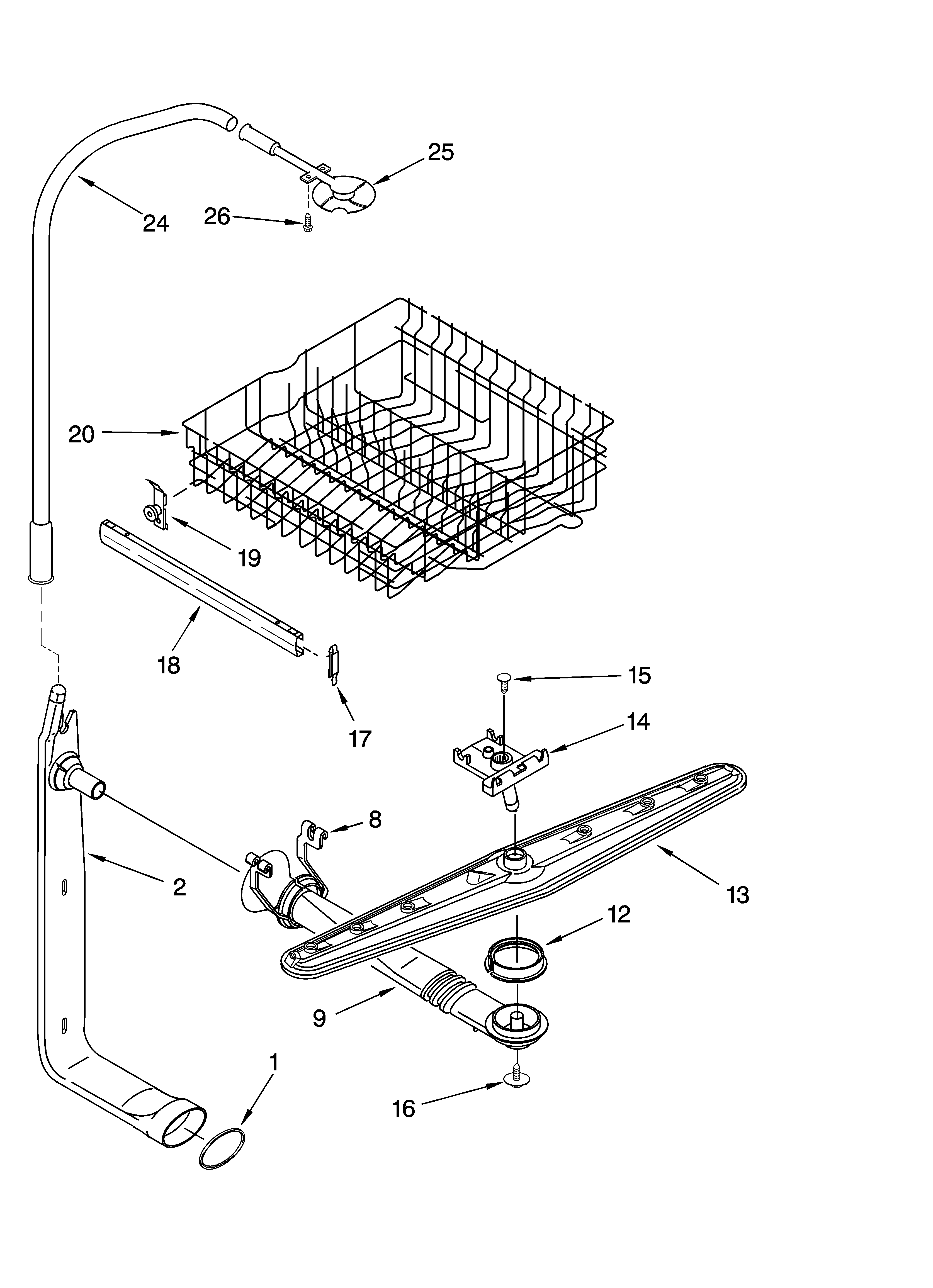 Upper dishrack and water feed parts