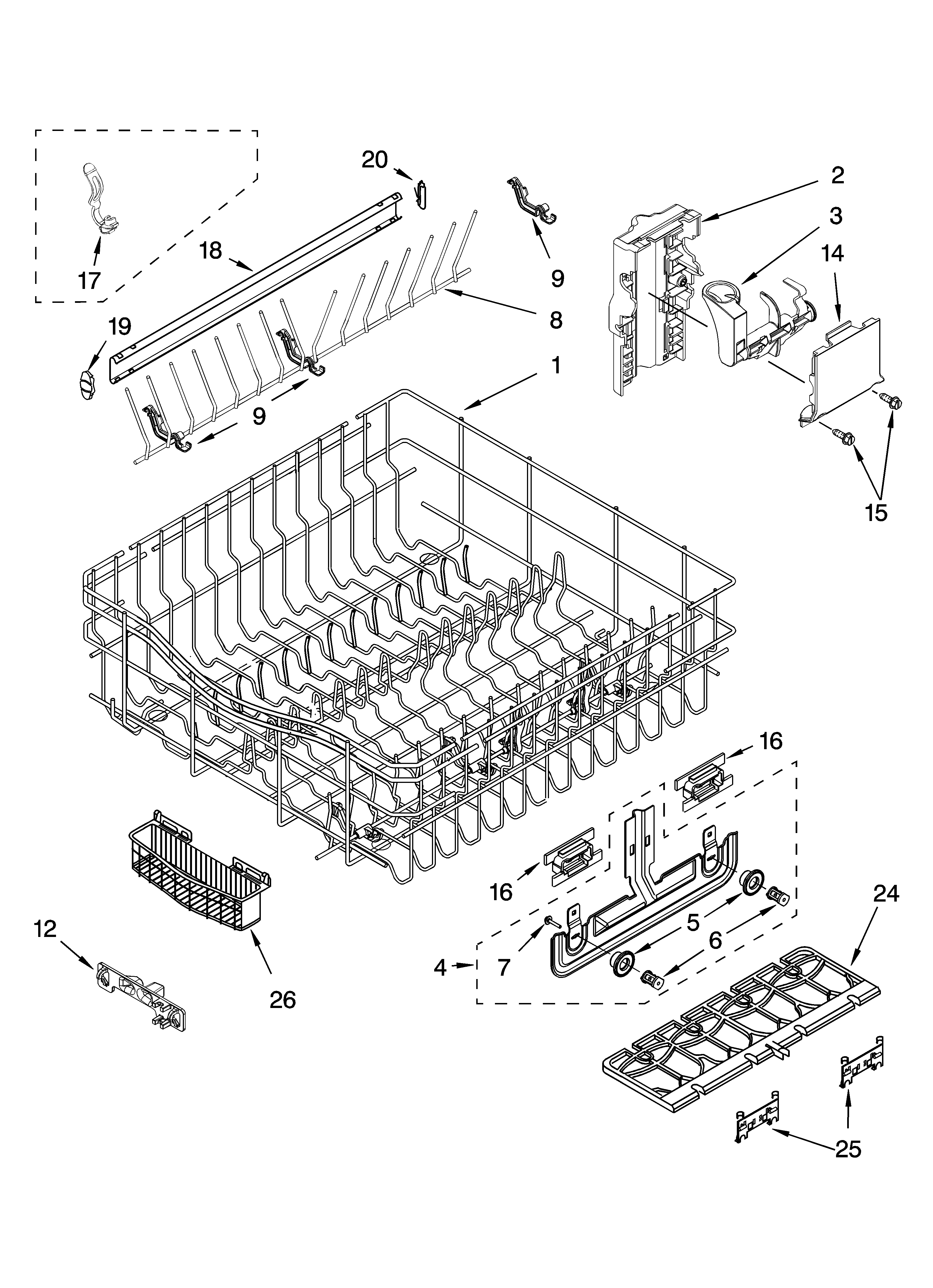 Upper rack and track parts