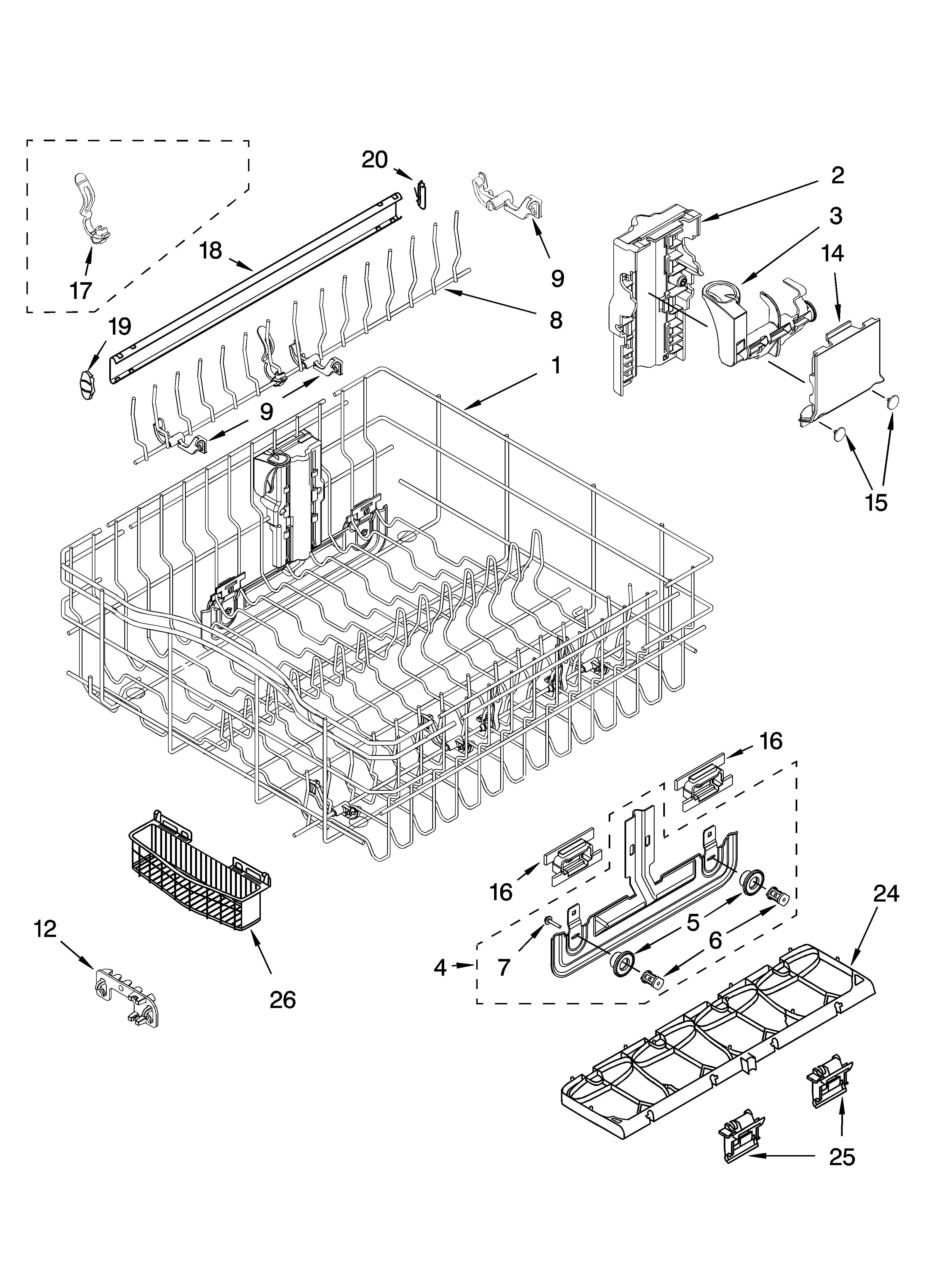Upper rack and track parts