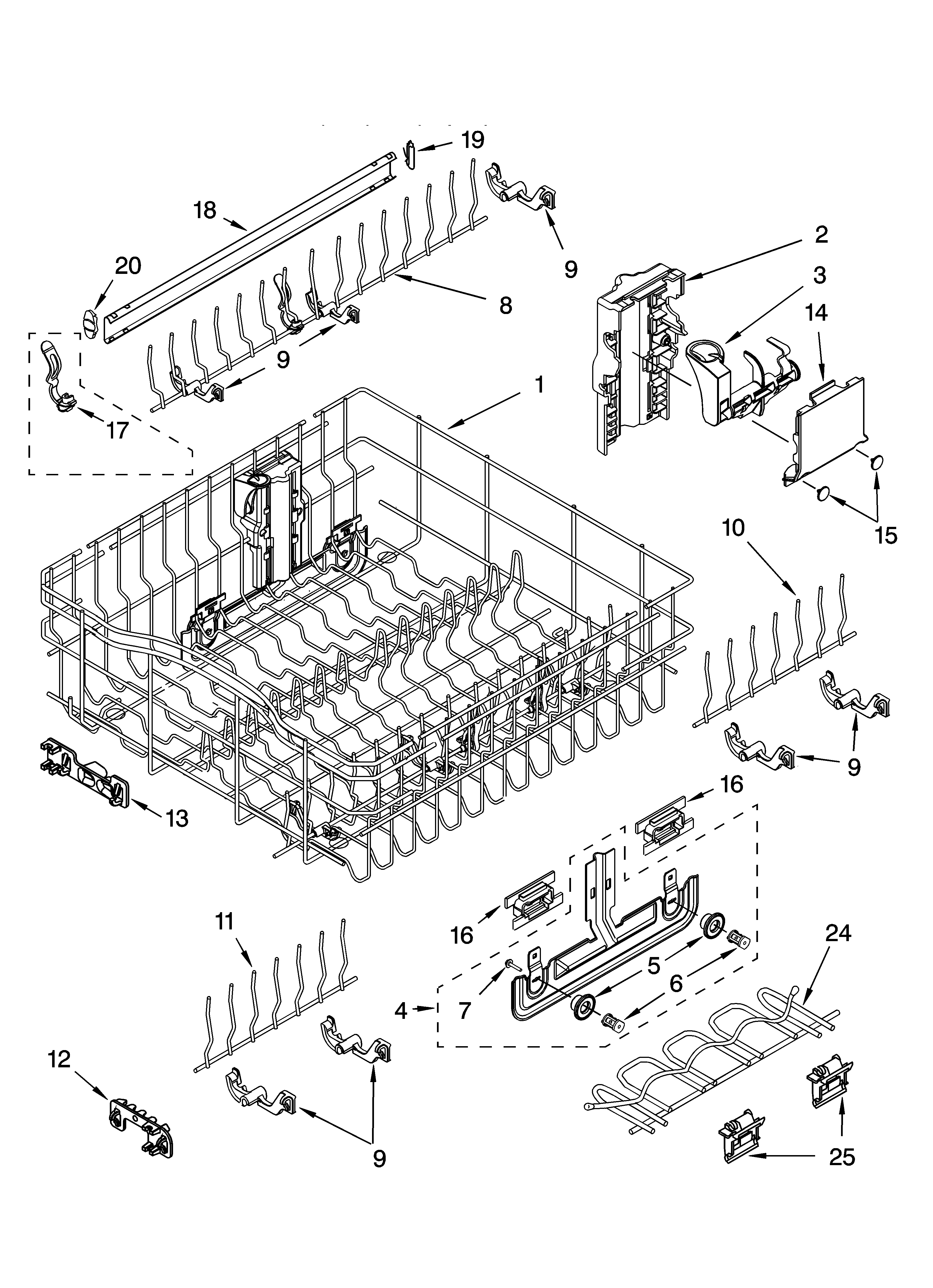 Upper rack and track parts