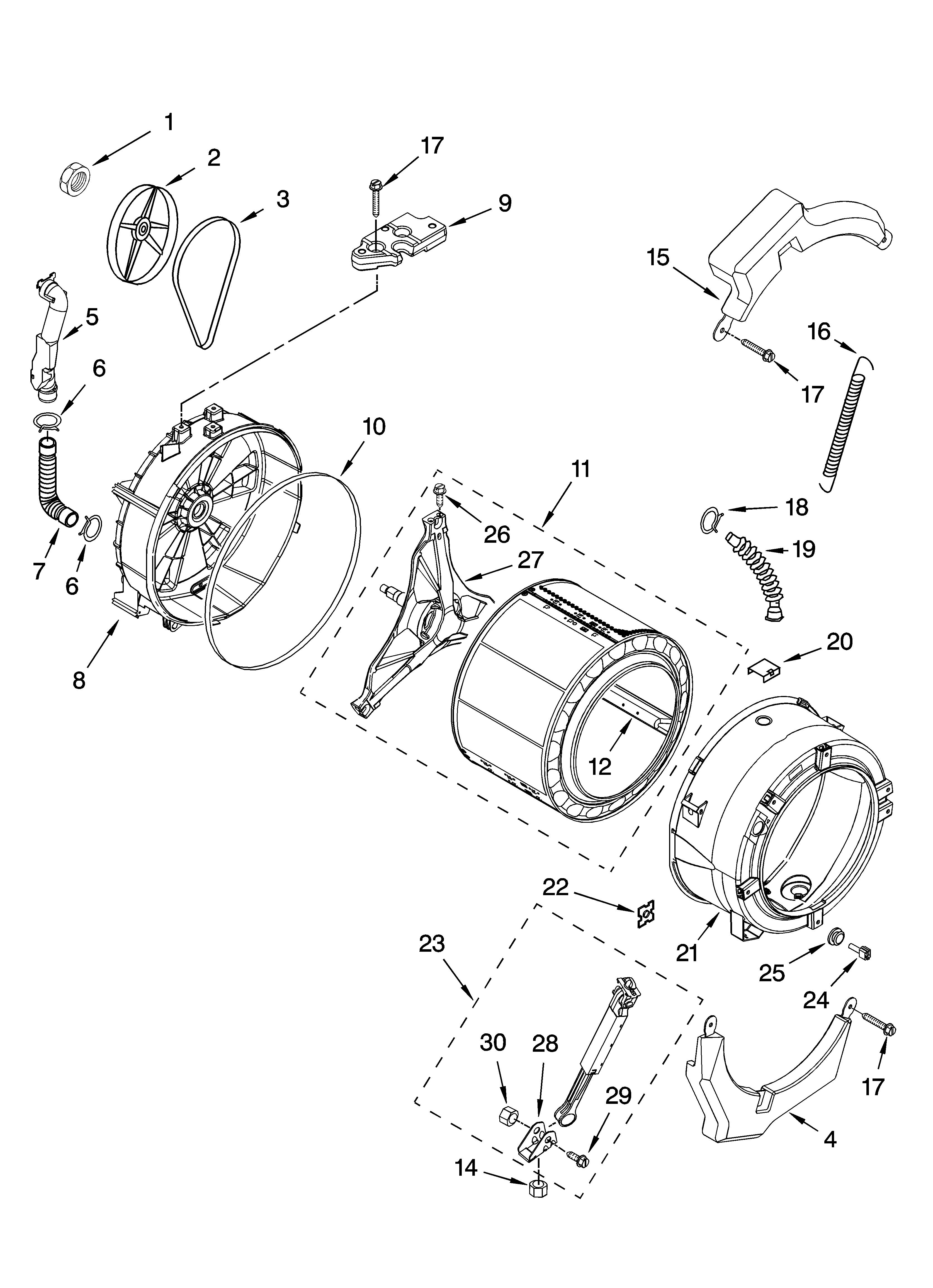 Tub and basket parts, optional parts (not included)