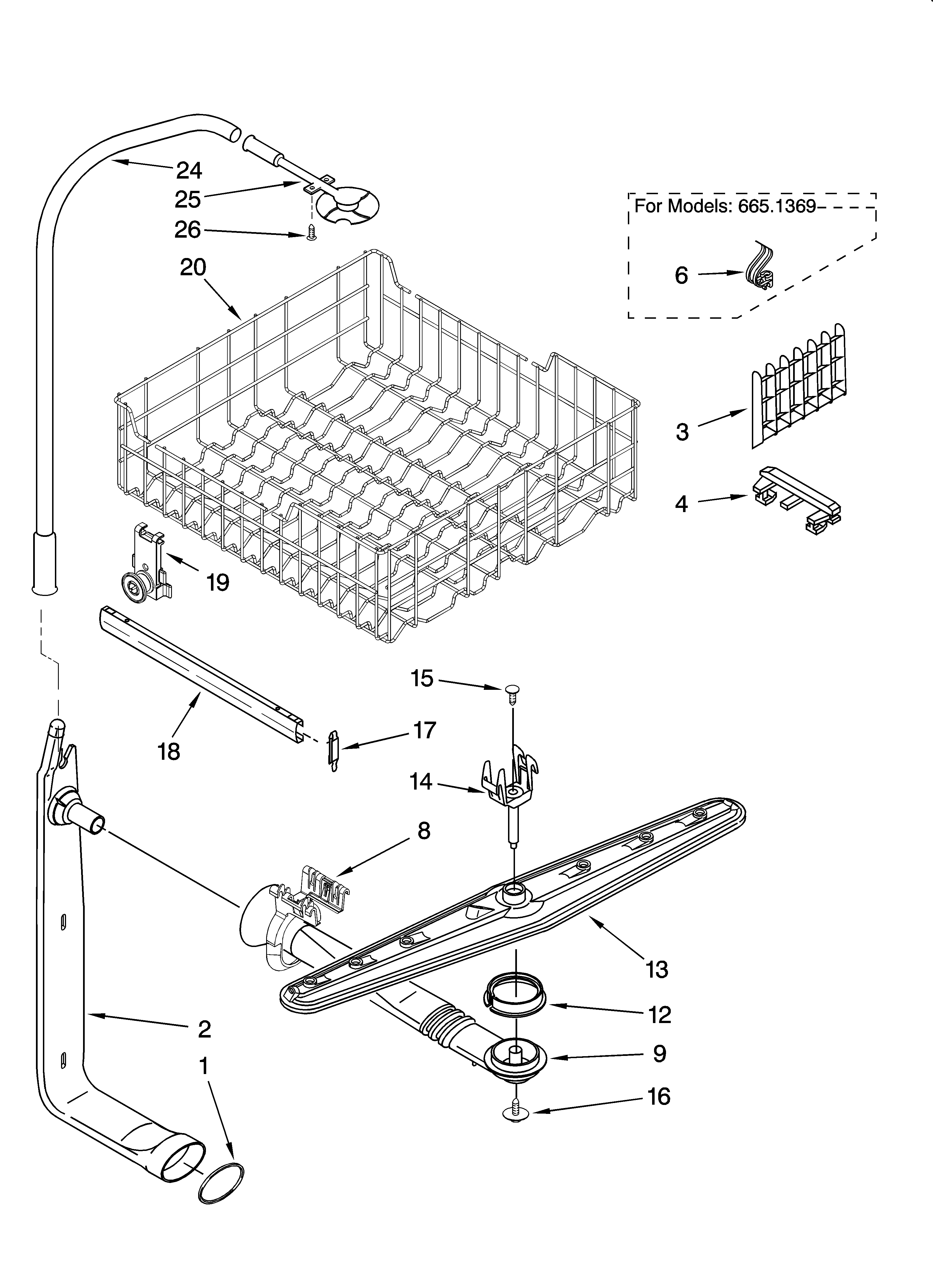 UPPER DISHRACK AND WATER FEED PARTS