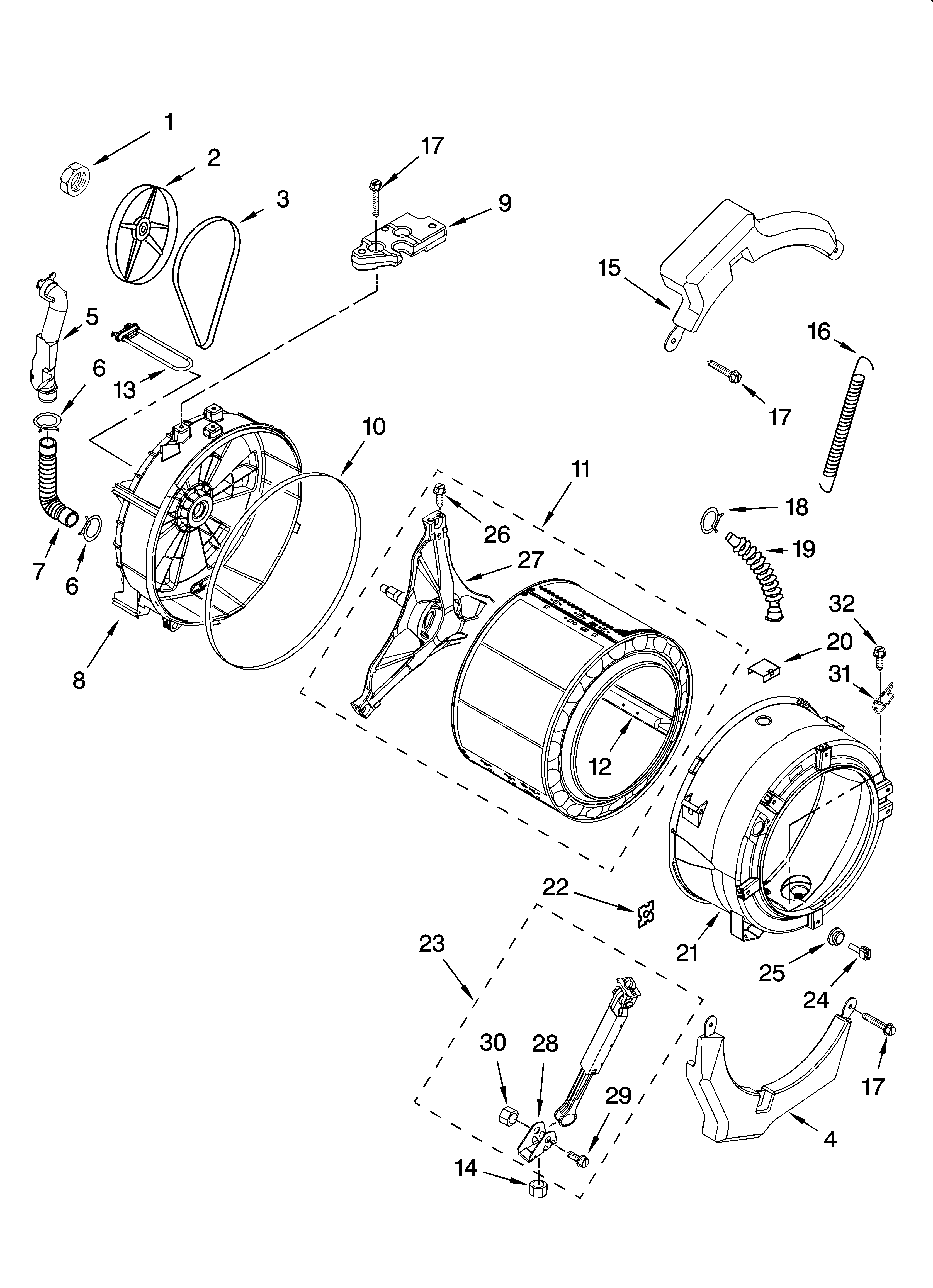 Tub and basket parts, optional parts (not included)