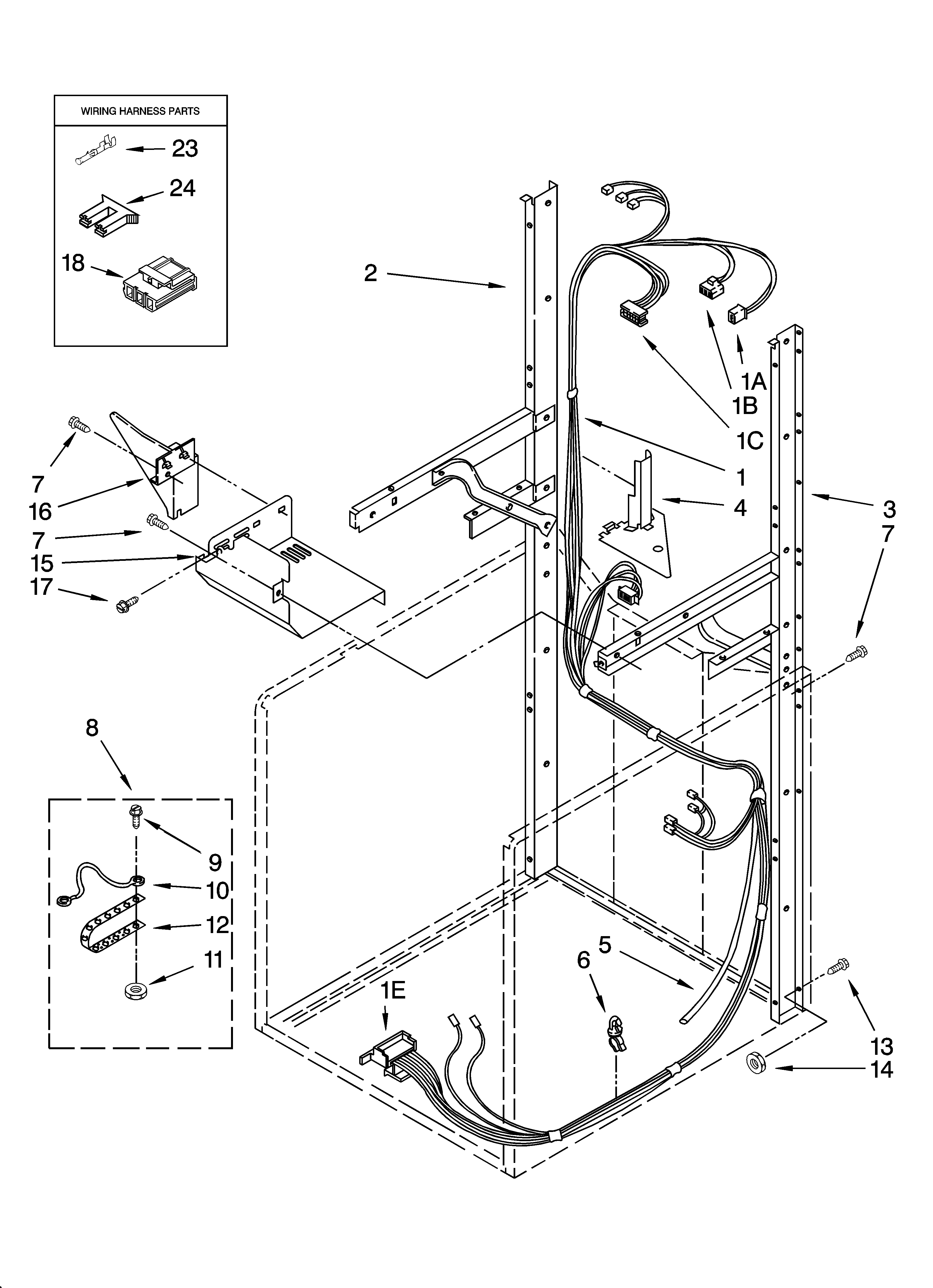 Dryer support and washer harness parts
