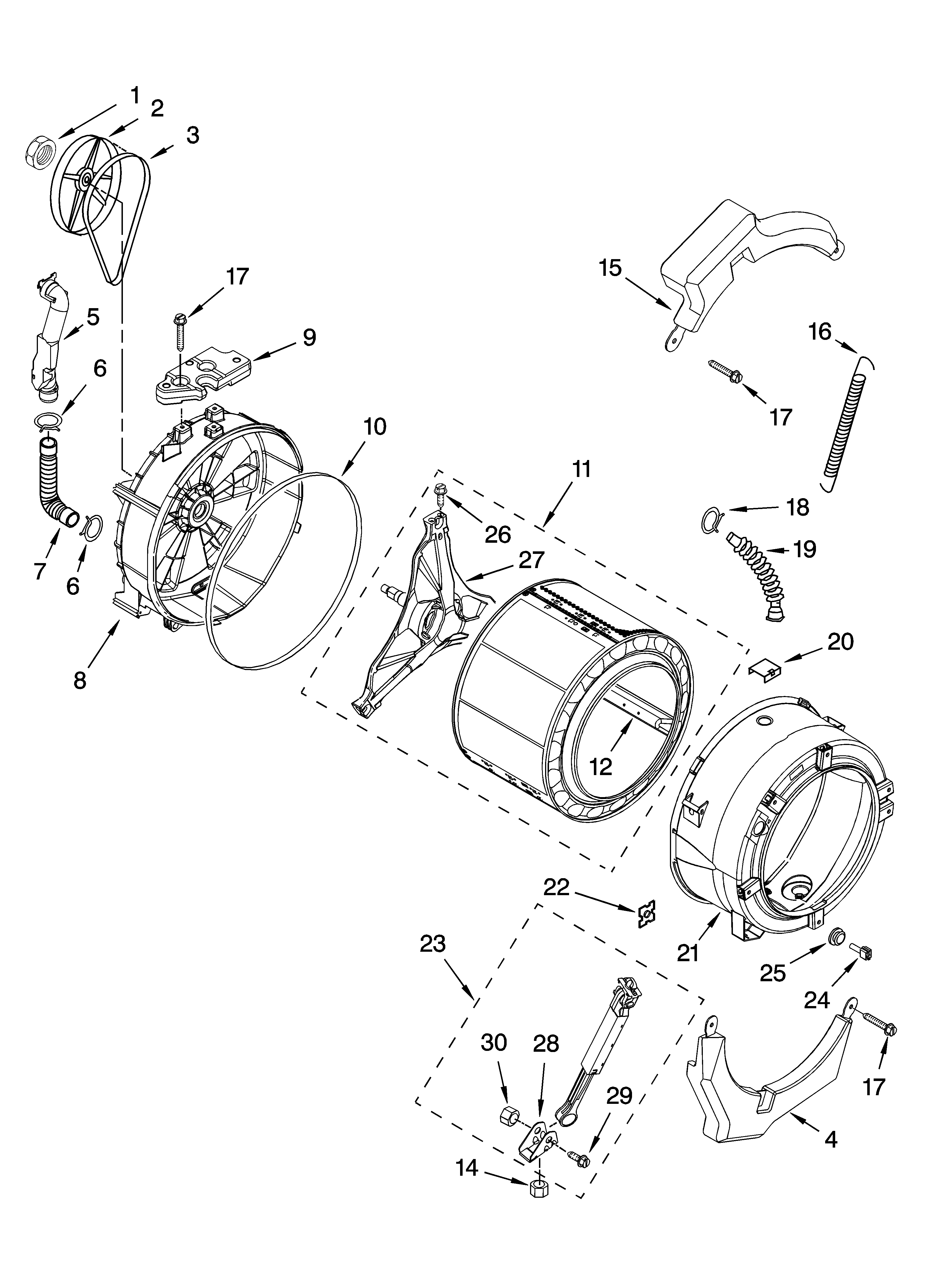 Tub and basket parts, optional parts (not included)