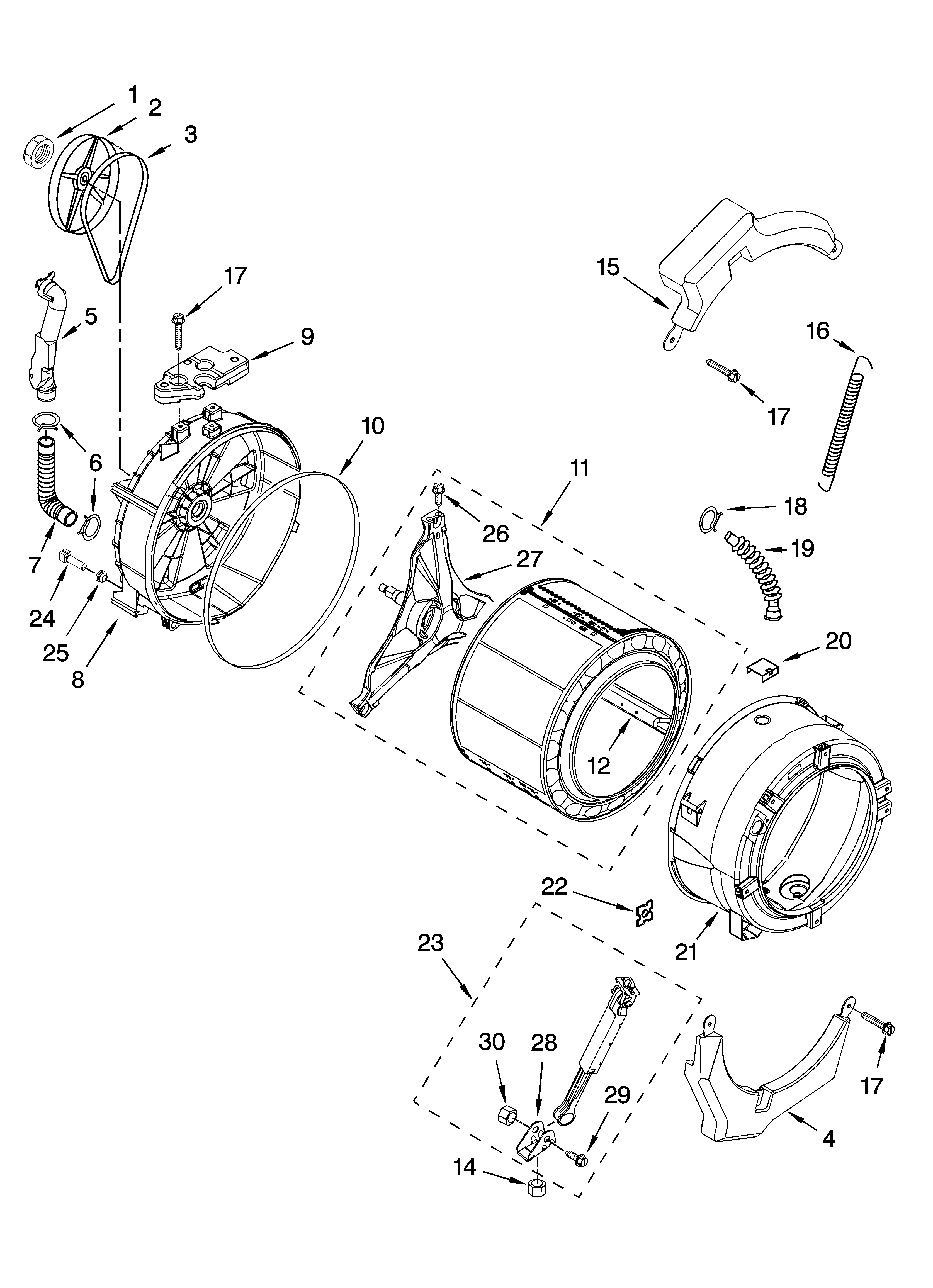 Tub and basket parts, optional parts (not included)
