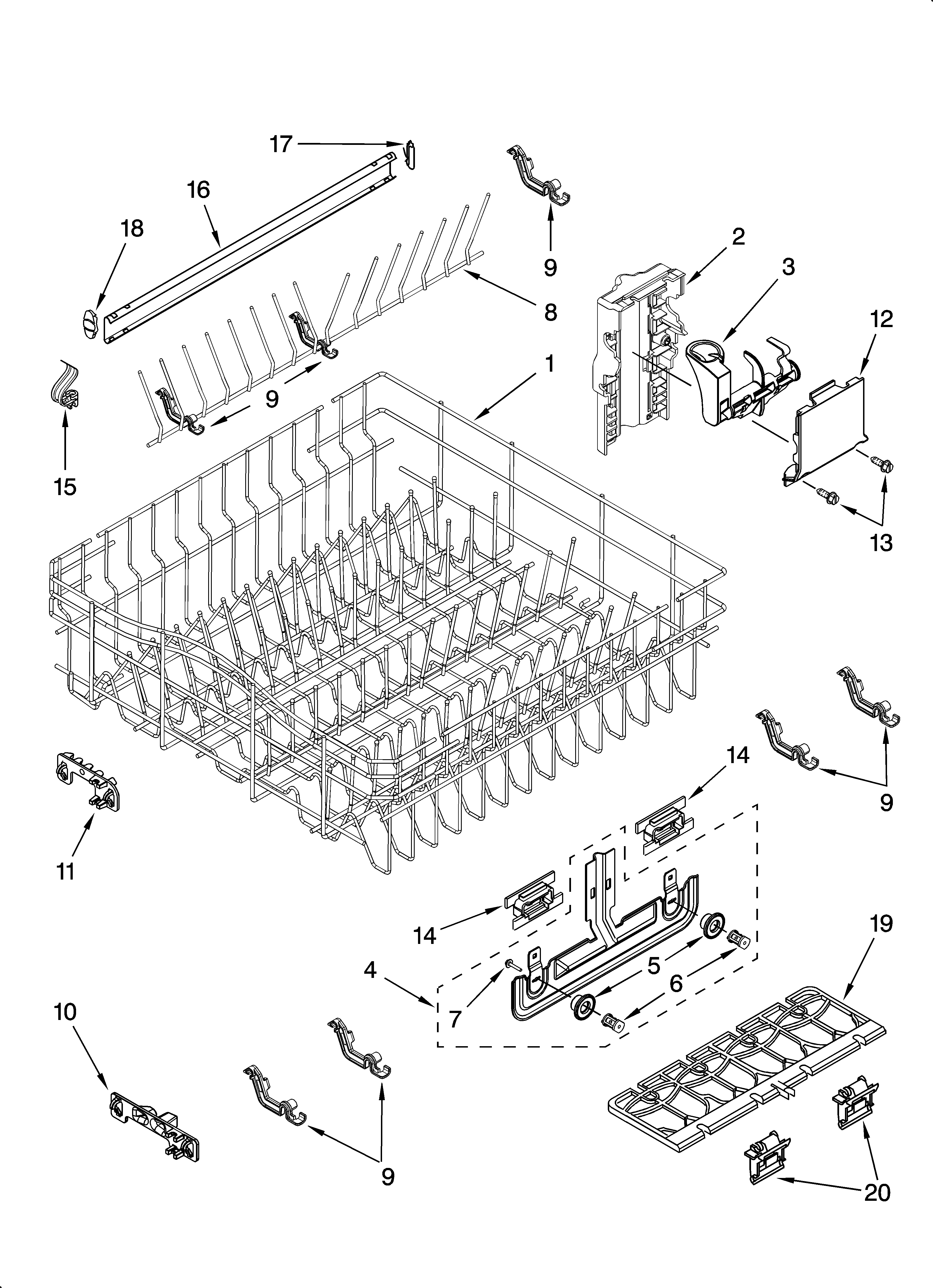 Upper rack and track parts