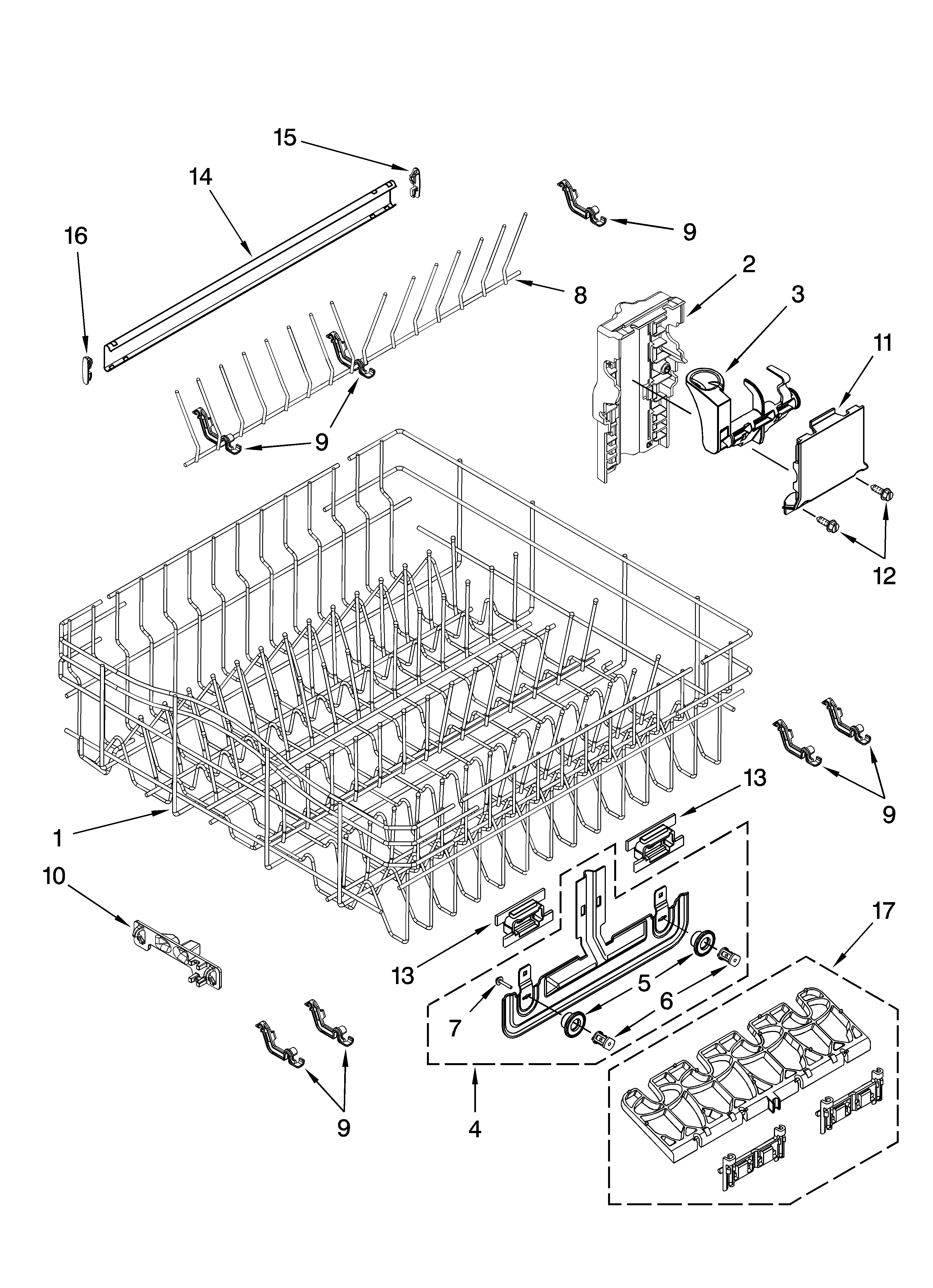 Upper rack and track parts