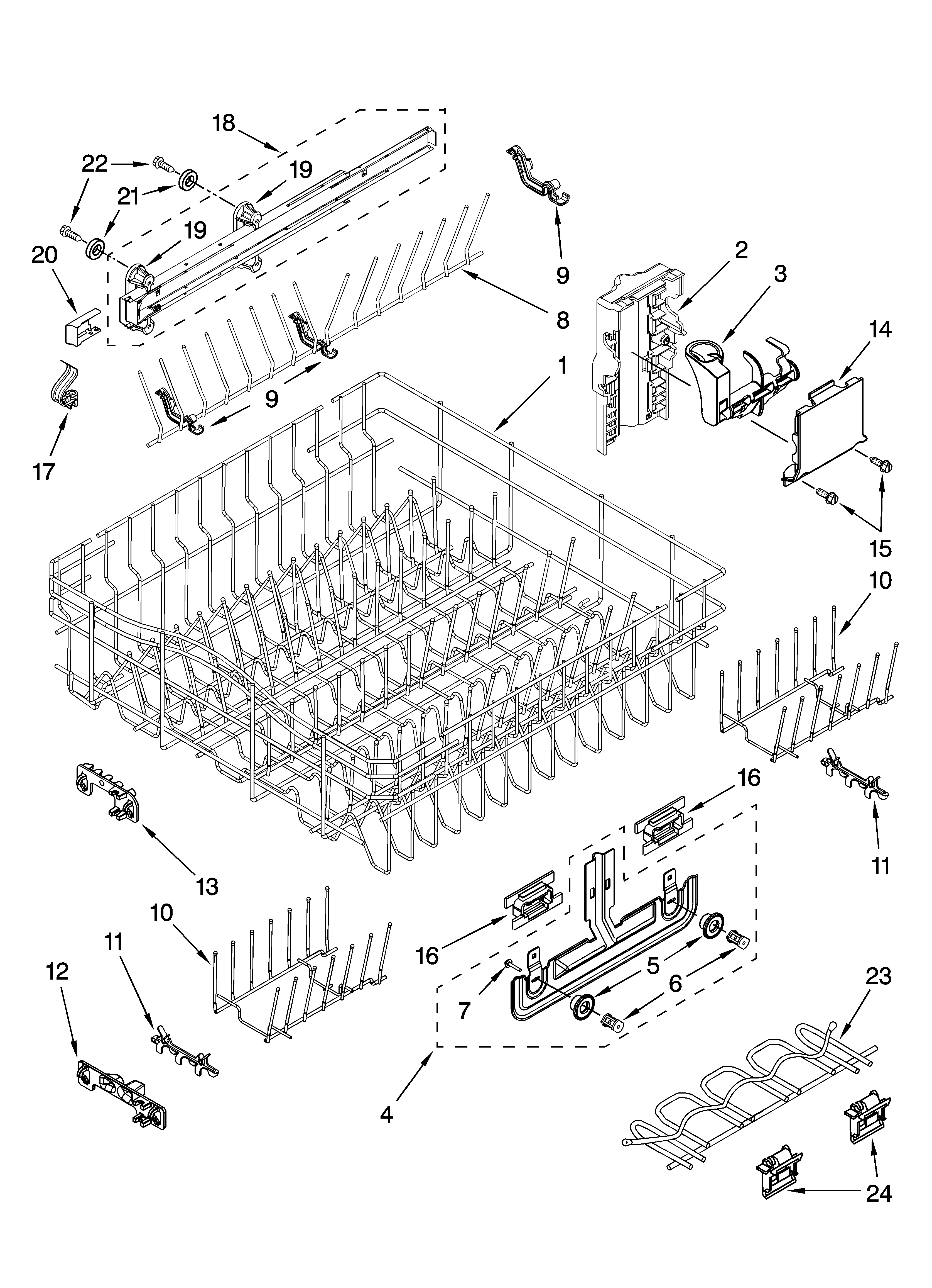 Upper rack and track parts